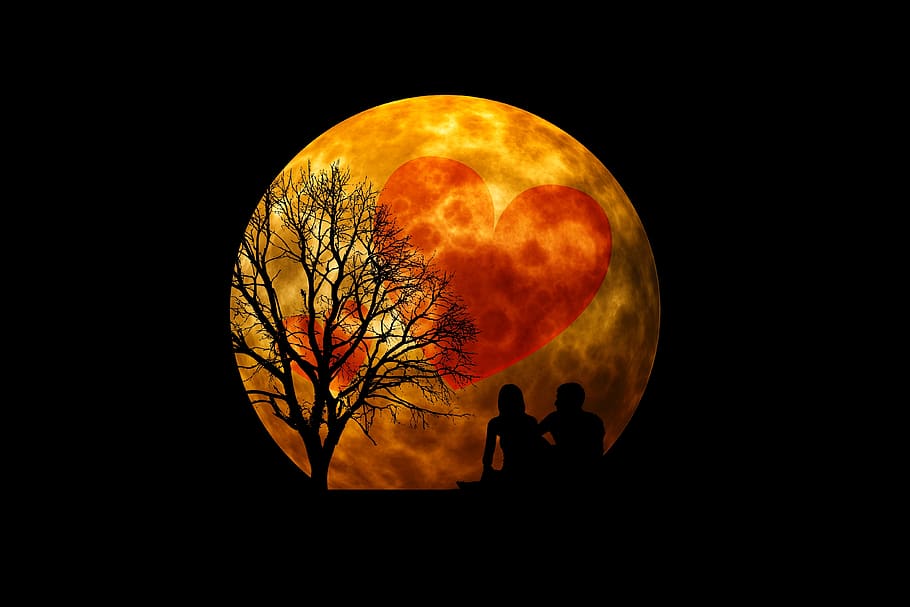 moon, human, group, silhouette, man, woman, lovers, pair, relationship, love