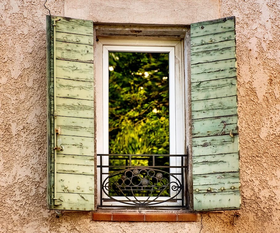 french windows, wooden shutters, window, window pane, greenery, mint green, reflection, wrought iron, rustic, quaint