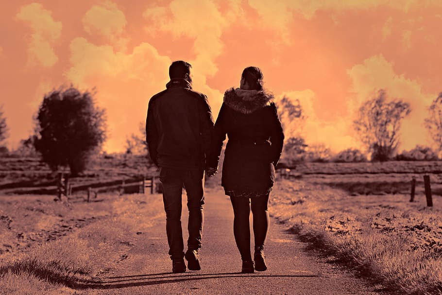 man, woman, couple, road, walking, hand in hand, friendship, two, together, togetherness