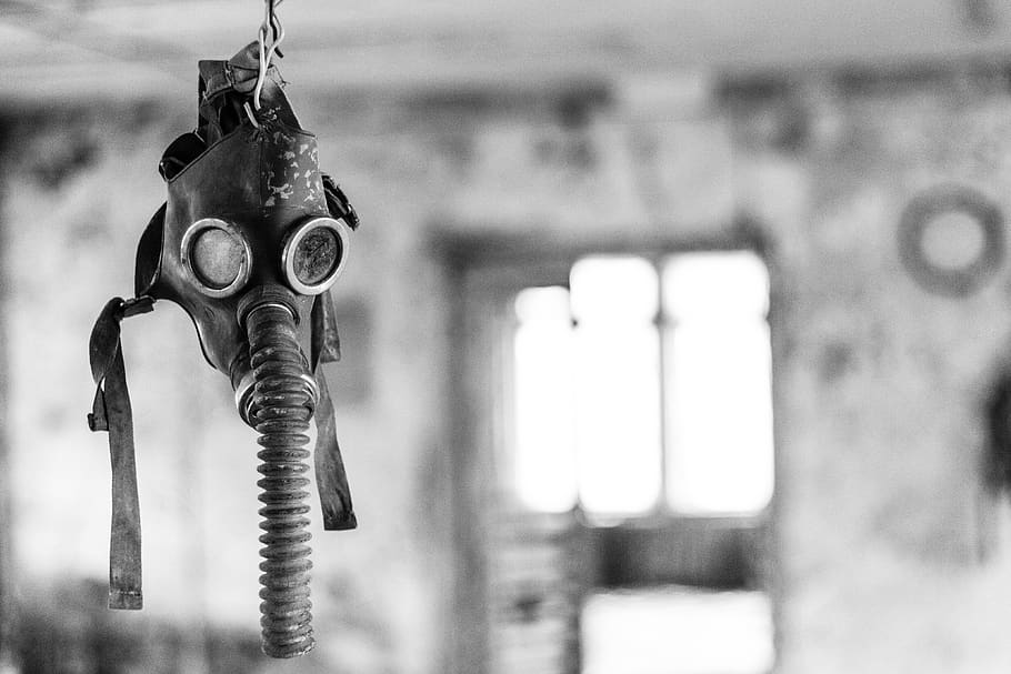 chernobyl, gasmask, pripyat, abandoned, focus on foreground, metal, hanging, close-up, day, lighting equipment