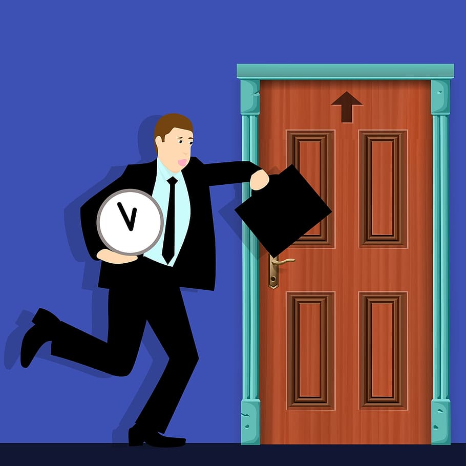 illustration, man, running, door, late, business suit, suit., time, working late, delay