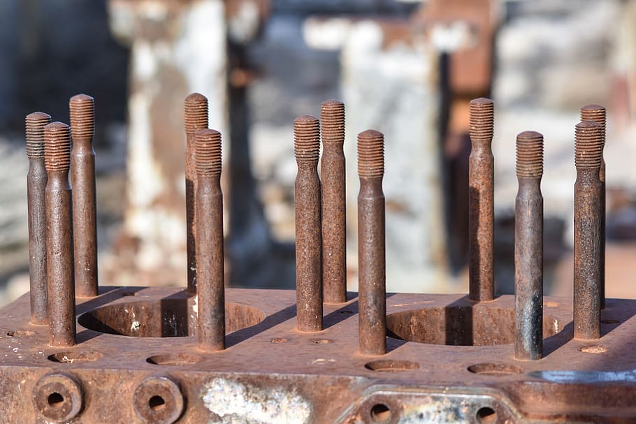 engine, rusty, screws, tractor, metal, close-up, focus on foreground, day, backgrounds, nail