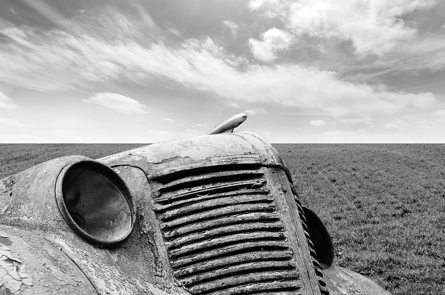 car, old, black, white, stock, background, sky, grass, vintage, automobile