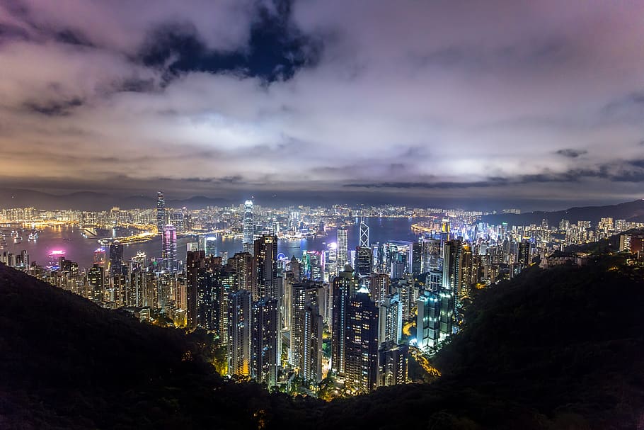 hong kong, ciudad, noche, china, asia, urbano, luces, rascacielos, paisaje urbano, centro de la ciudad
