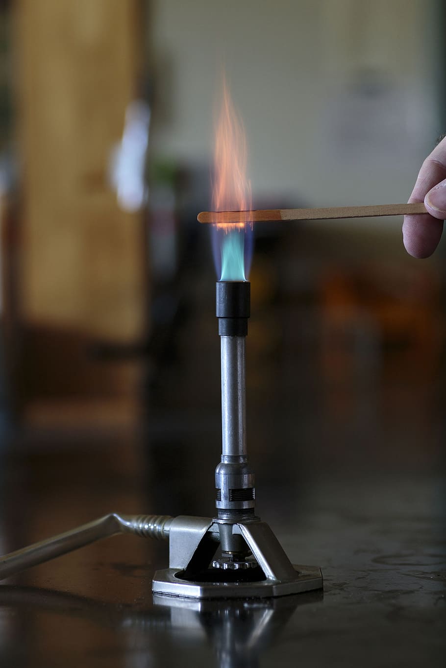 cobalt solution, burning, wooden, splint, bunsen burner flame, flame., chemistry, flame, metals, salts