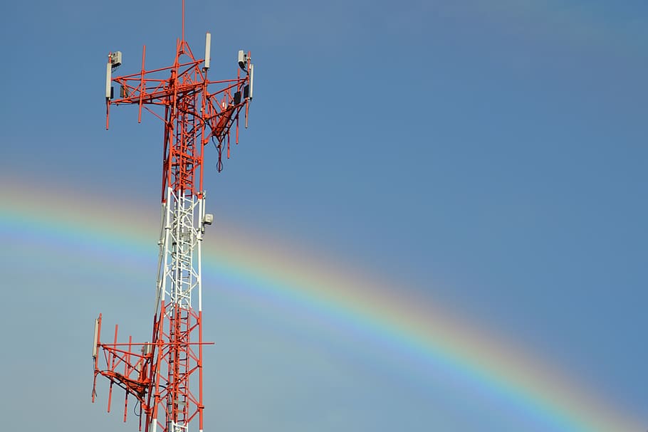 rainbow, rain, sky, time, tower, communications, clouds, atmosphere, cellular, wave