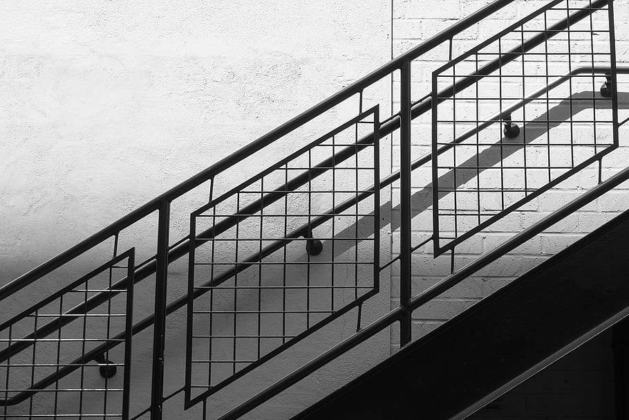 stairs, railing, steps, architecture, black and white, built structure, staircase, metal, steps and staircases, wall - building feature