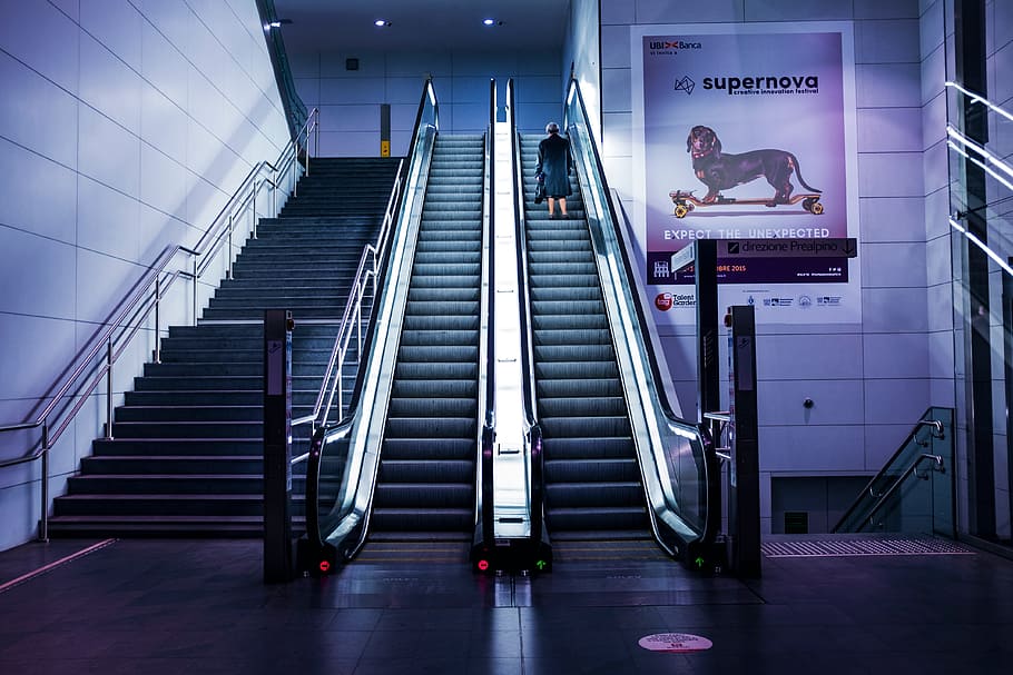 architecture, building, design, infrastructure, stairs, escalator, indoor, mall, people, alone