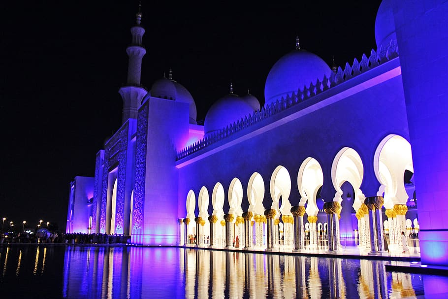 night, view, evening, pray, muslim, amazing, sheikh zayed grand mosque, mosque, minaret, architecture