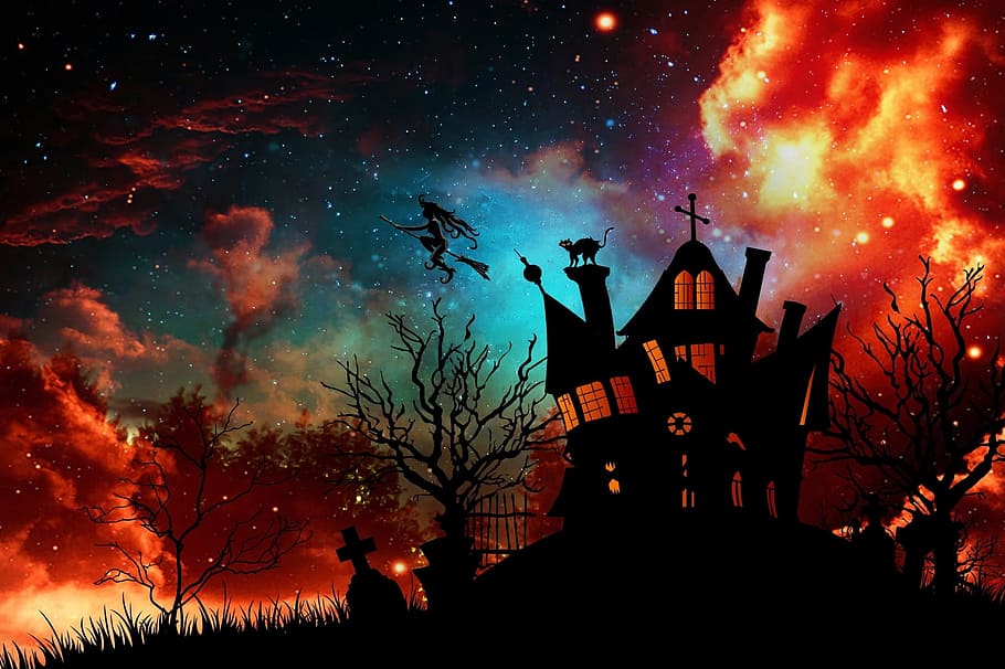 хэллоуин, домик, ведьма, магия, краска, живопись, арт, небо, силуэт, облако - небо