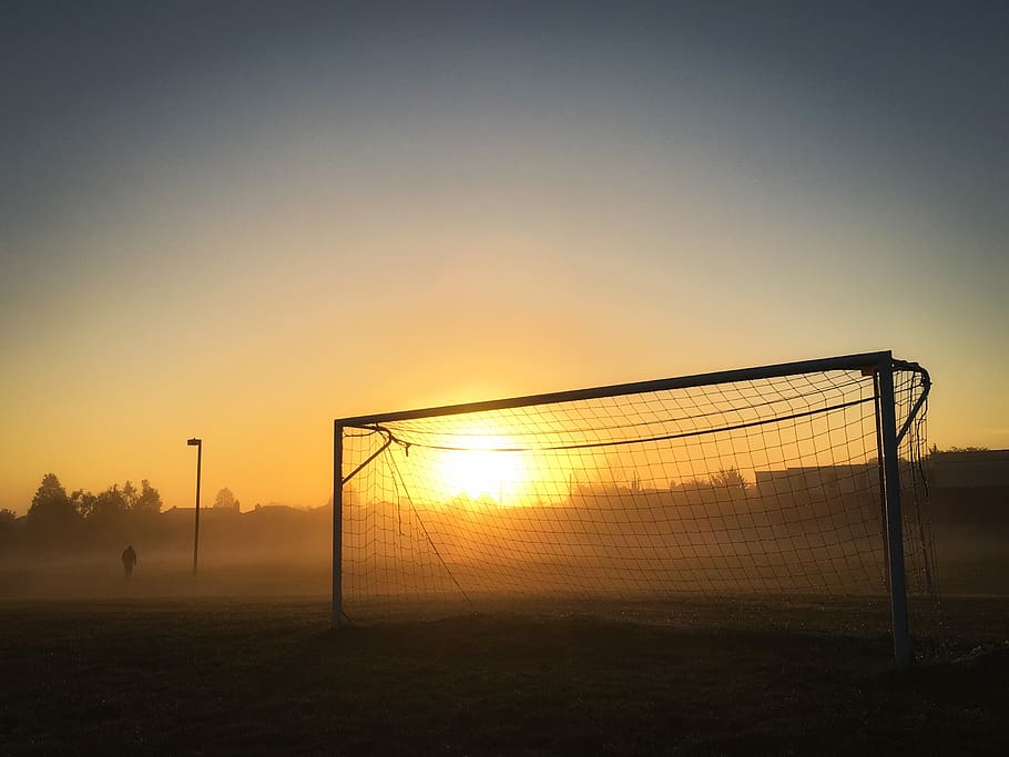 soccer, football, net, goal, soccer goal, grass, sunrise, outdoors, ball, foot
