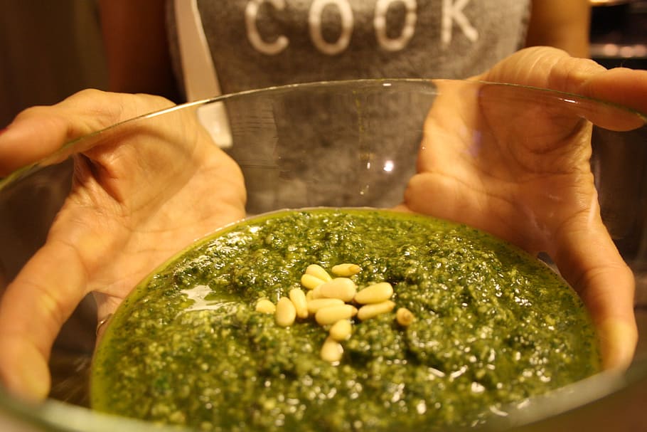 pesto, italian cooking, italian sauce, food, hand, food and drink, human hand, one person, human body part, wellbeing