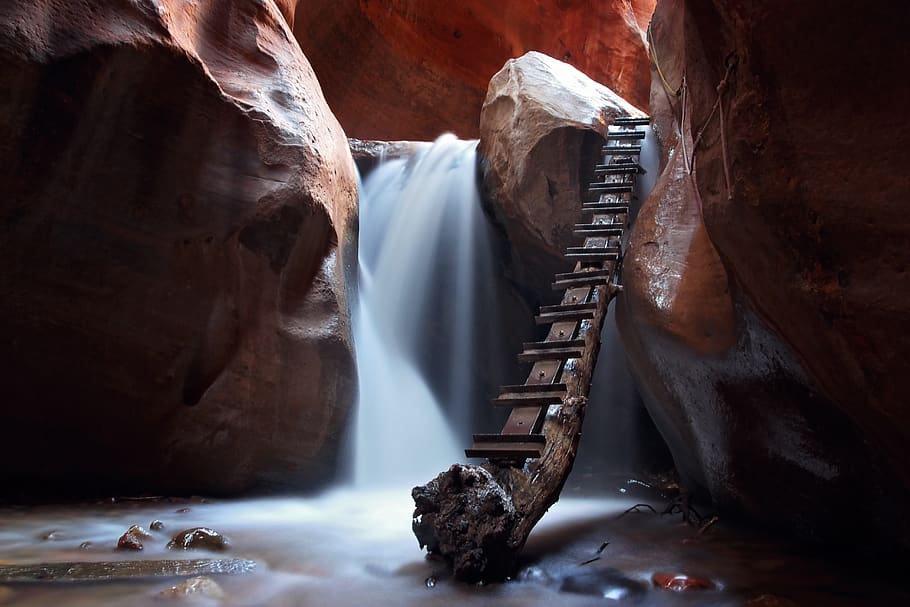 branch, cave, ladder, motion, nature, rock formation, rocky, rope, scenic, steel ladder