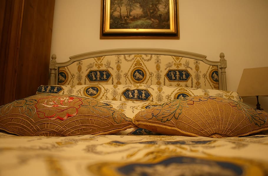 cama, historicamente, royal, quarto, interior, palácio, mansão, francês, frança, colcha