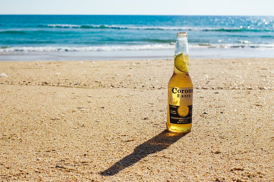 cerveza, playa, botella, cítricos, corona, bebida, limón, mexicano, océano, refrescante