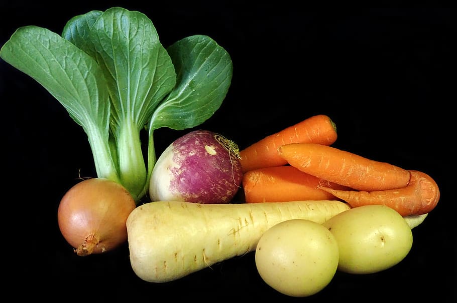 vegetables, parsnip, potatoes, carrots, turnip, onion, asian greens, cooking, freshness, black background