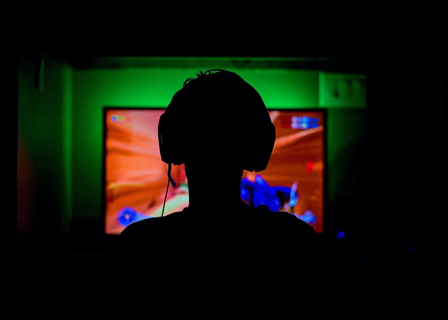 computer, games, gaming, silhouette, arts culture and entertainment, one person, indoors, headshot, portrait, rear view