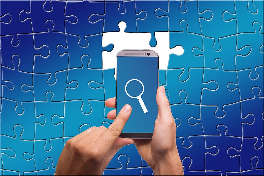 puzzle, share, search, smartphone, magnifying glass, touch screen, match, piecing together, play, pieces of the puzzle