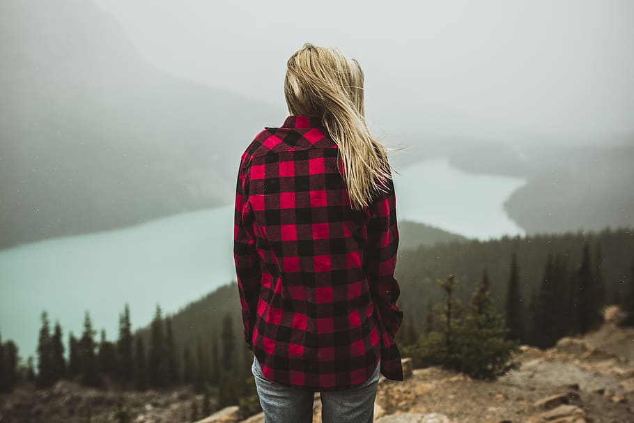 girl, blonde, woman, flannel, plaid, lake, forest, mountain, trees, water