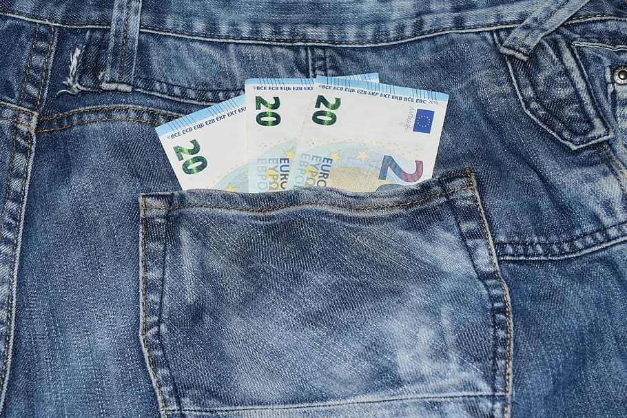 jeans, bolsillo, dinero, azul, ropa, textiles, costura, finanzas, ropa casual, papel moneda