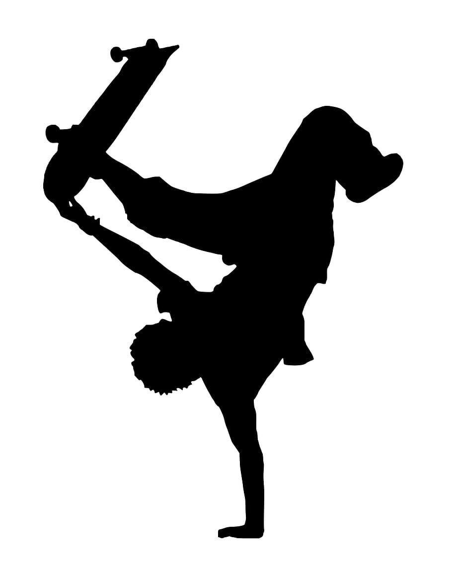 silhueta, skatista, truque de pino com um braço, truque. pino, skate, equilíbrio, acrobático, incrível, ação, cuidado