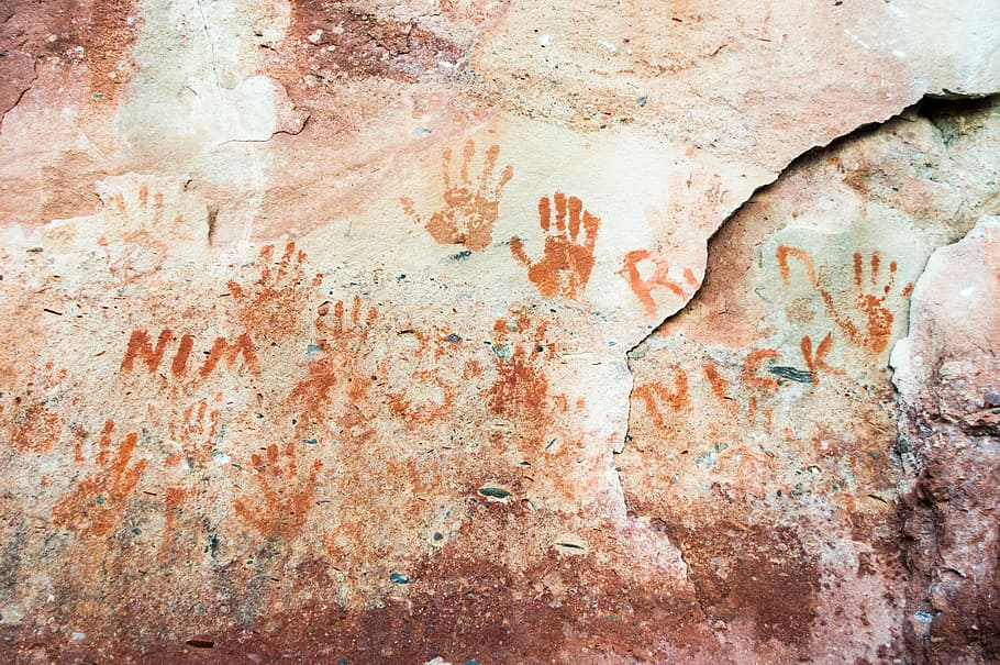 hands, print, paint, wall, vandal, stone, rock, old, wall - building feature, weathered