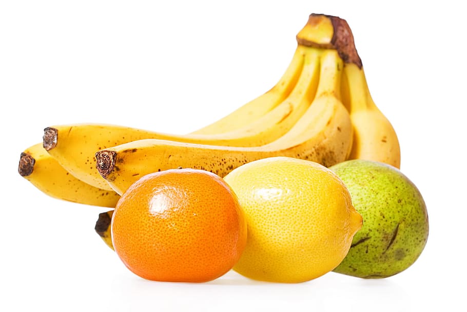 bananas, comida, fresco, fruta, pilha, objeto, laranja, maduro, vitamina, branco
