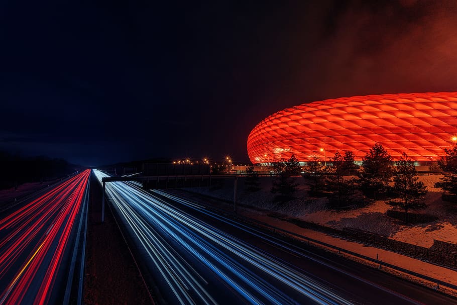 soccer, stadium, night, autobahn, highway, lights, red, bayern, football, illuminated