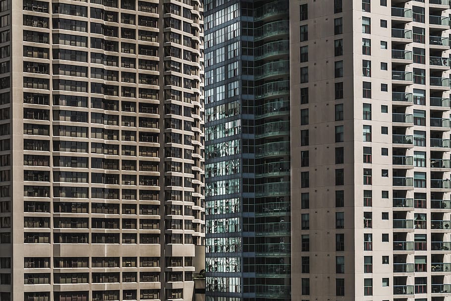 looking, rows, windows, highrise buildings, exterior, ground, window, prevent, financial, new