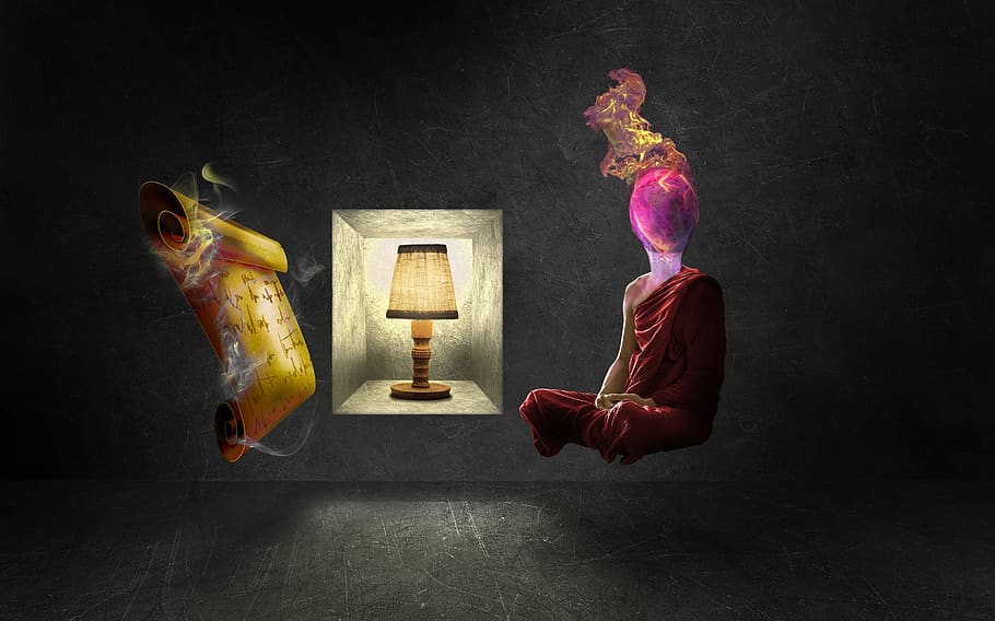 meditation, fire monk, lamp, gold, storage, metaphysics, power, hot, levitation, indoors