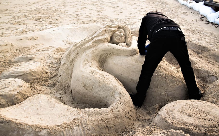 sand sculpture, sand, art, beach, autumn, the figure of the mermaid, sculptor, real people, men, day