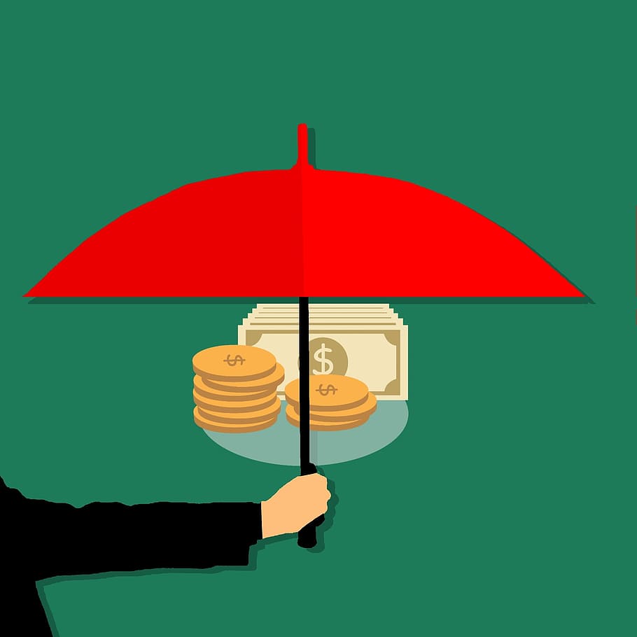 illustration, umbrella, monetary, investments, money, coins, investment, profits, security, protected