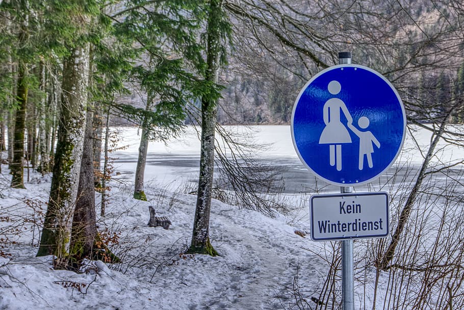sinal de trânsito, pedestre, categoricamente, distância, alpsee, schwangau, füssen, allgäu, caminhada, neve