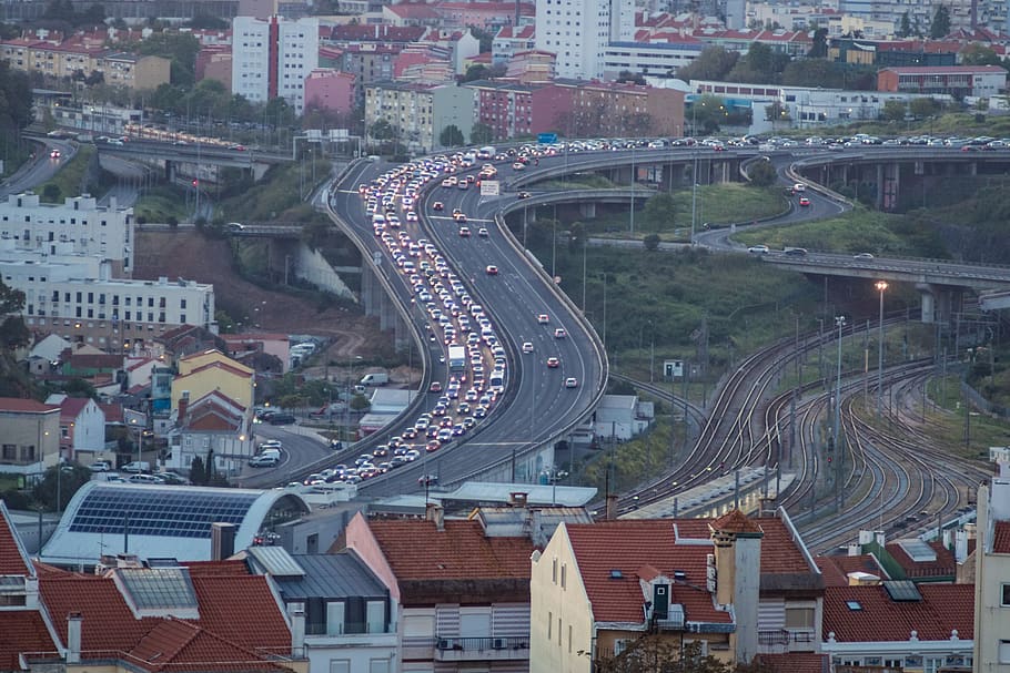 lisbon, portugal, traffic, highway, autos, jam, railway line, train, rails, evening