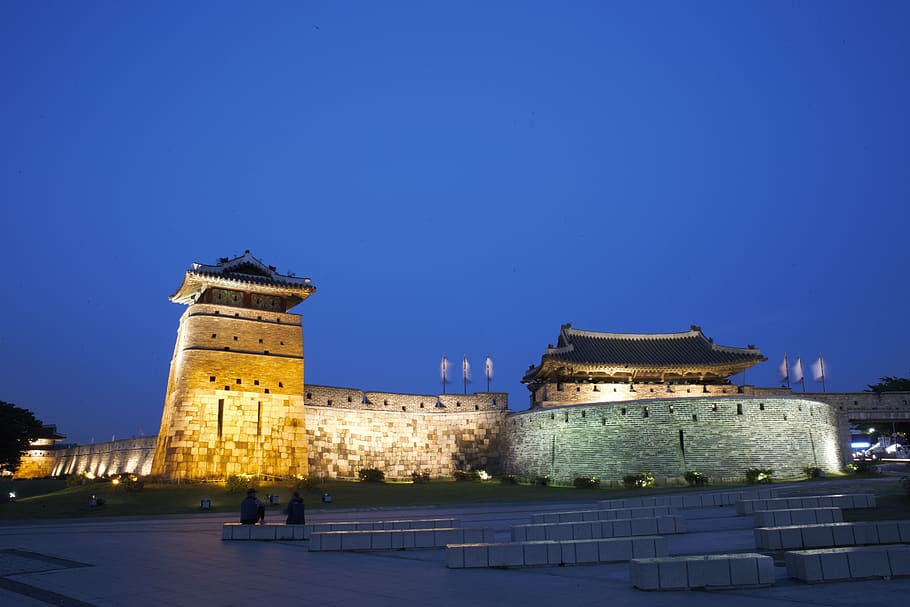 unesco, suwon hwaseong, suwon, castle, cultural property, republic of korea, building exterior, architecture, built structure, illuminated