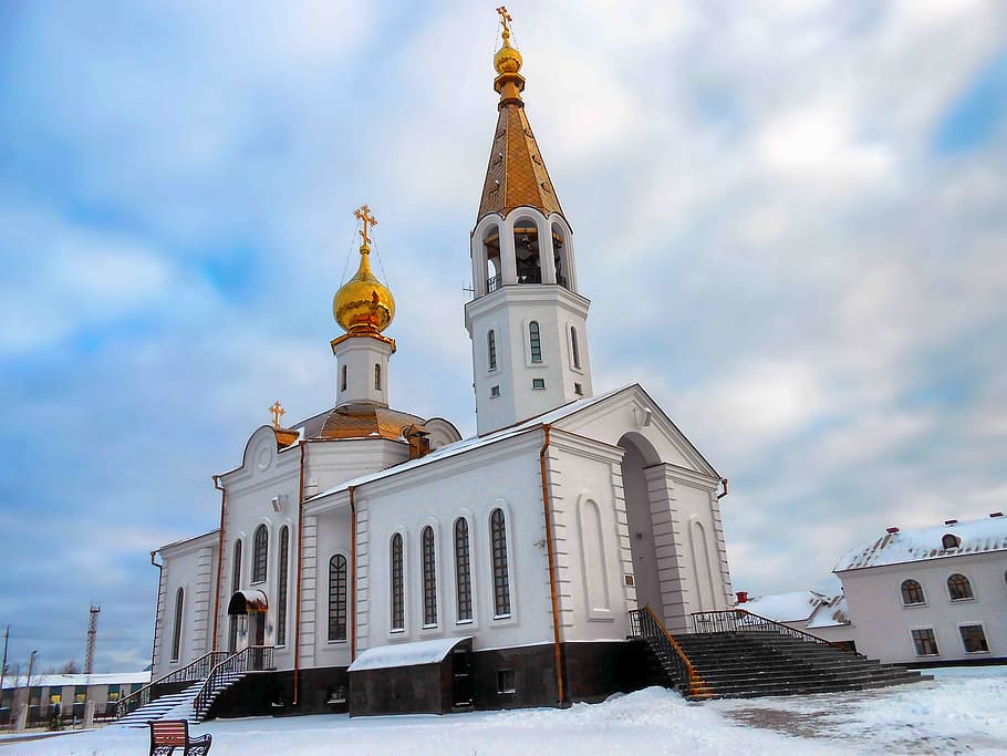 Iglesia, invierno, nieve, Gubkinsky, claro, día, azul, cielo, religión, ortodoxia