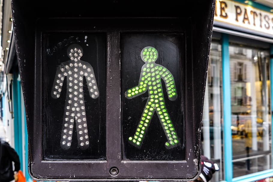 caminar, figuras, streel light, persona, iluminado, verde, seguro, peatones, control, luz