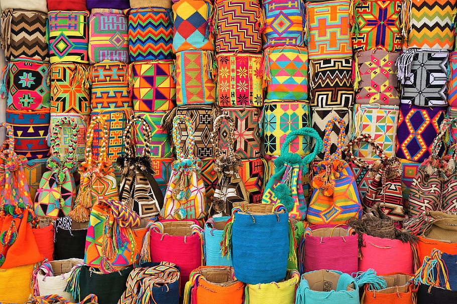 sacos, colorido, colômbia, mercado, venda, cor, compras, padrão, saco, loja
