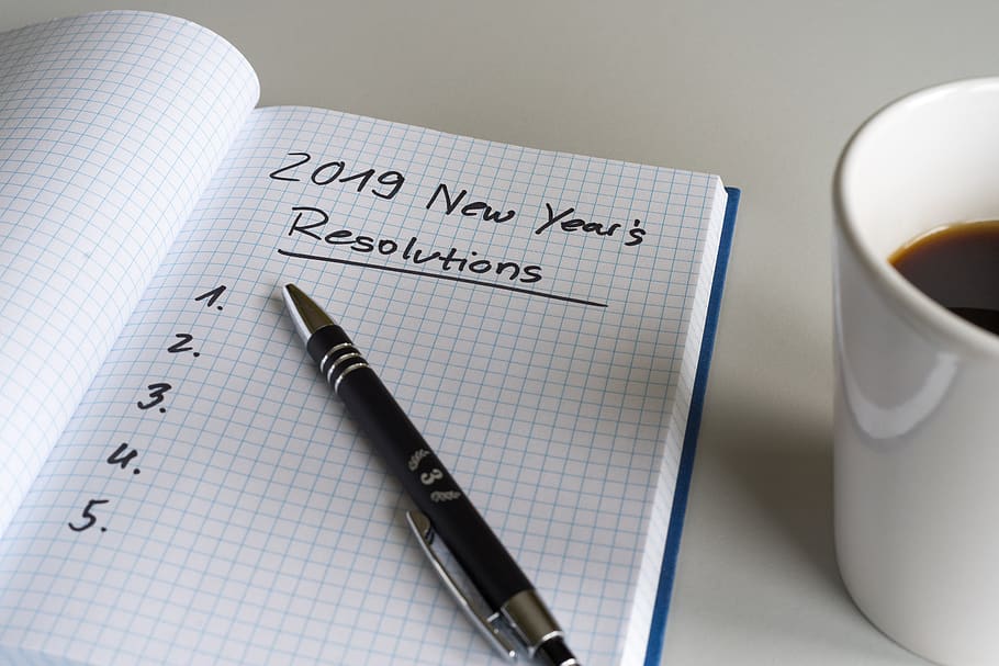 resolusi, 2019, hari tahun baru, daftar, kertas, malam tahun baru, catatan, buku catatan, tujuan, tujuan yang dicapai