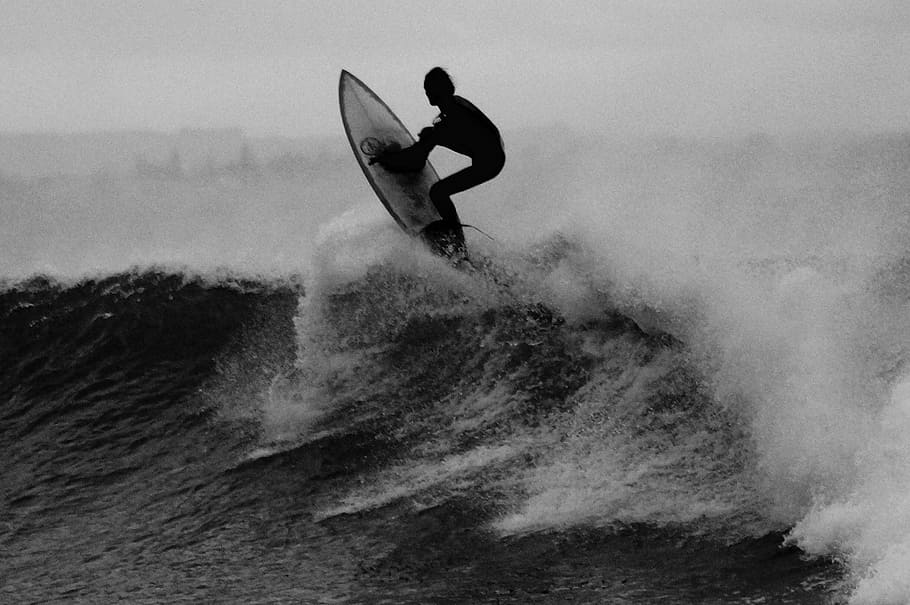 nature, water, waves, crash, surf, surfer, people, man, guy, black and white