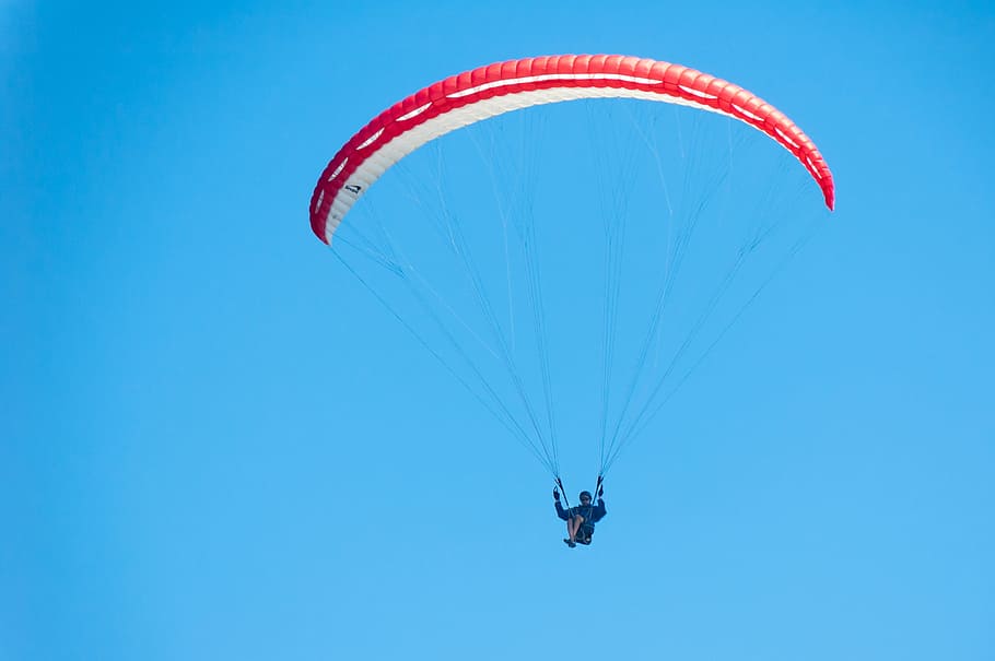 paraglide, blue sky, fly, person, athlete, sport, light, red, peace, calm