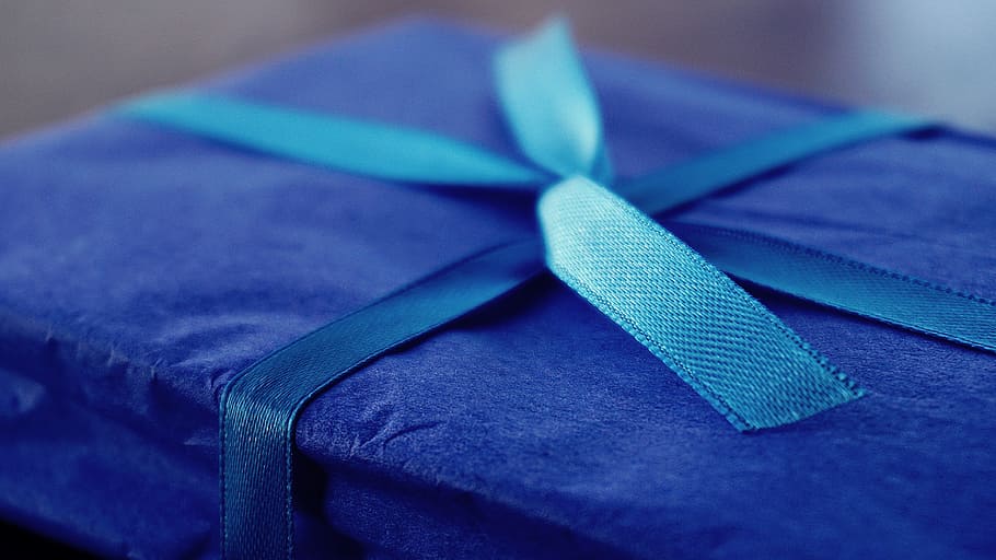 gift, present, wrapping, bows, parcel, blue, ribbon, close-up, indoors, textile