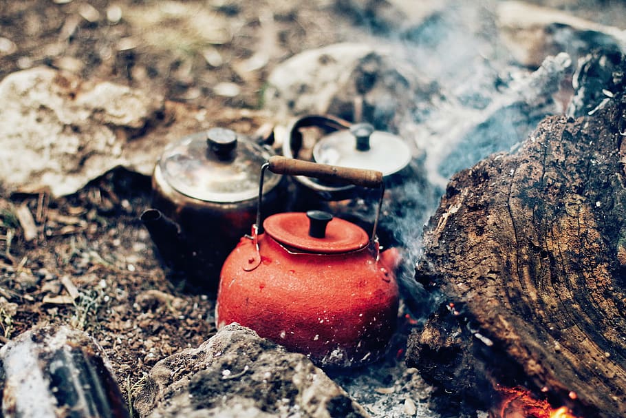 fire, ashes, smoke, kettles, pots, day, nature, close-up, burning, selective focus