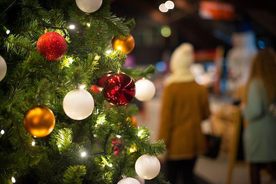 árvore, natal, bolas, decoração, celebração, férias, dezembro, vermelho, brilho, branco