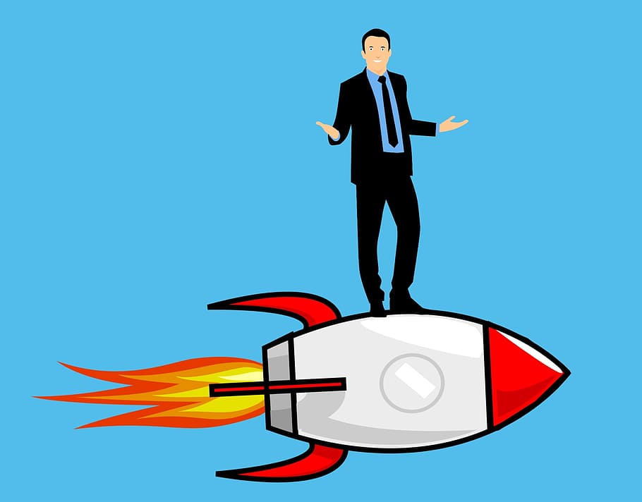 man, standing, rocket, holding, flag, great, achievement., entrepreneur, business, start up
