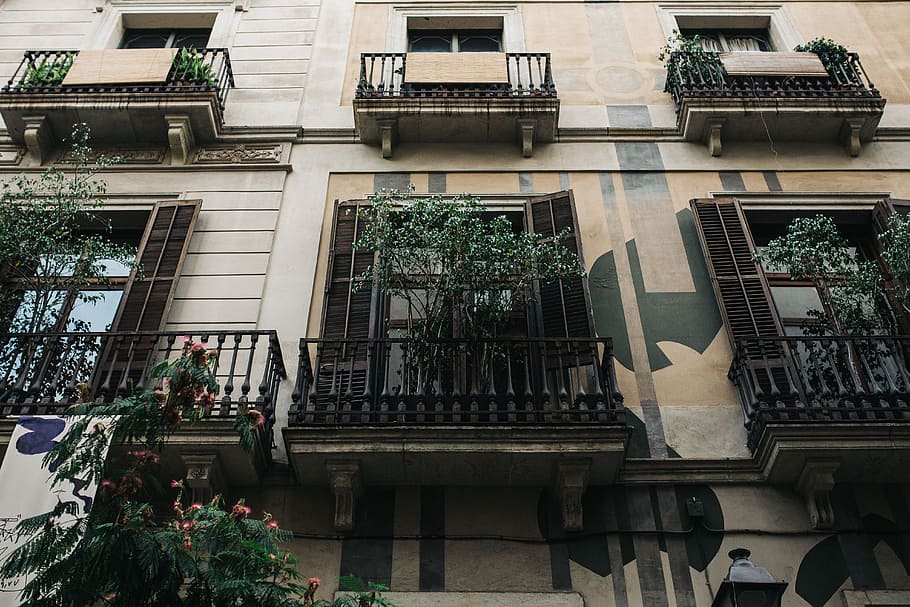 moradias em banda, barcelona, ​​espanha, arquitetura, cidade velha, cidade, janelas, viagens, fachada, casa