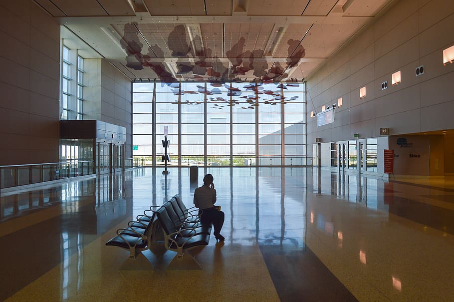 airport, hall, wait, window, large, art, reflecting, mirror, light, travel
