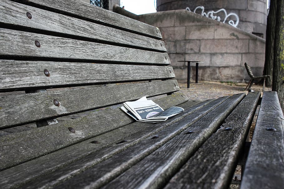 sit, bank, seat, city, newspaper, break, relaxation, perspective, wooden bench, recovery