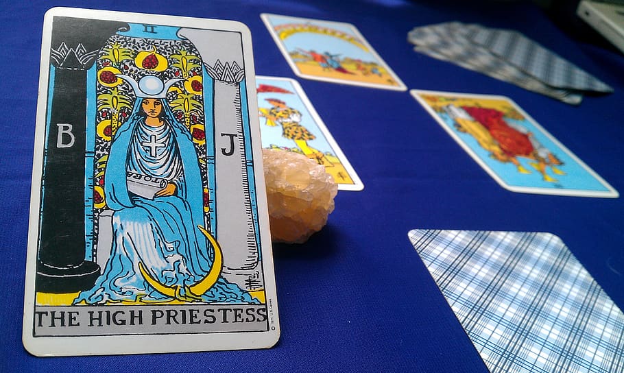 alta sacerdotisa, cartão de tarô, tarô, místico, símbolo, previsão, cartões, fantasia, oculto, magia