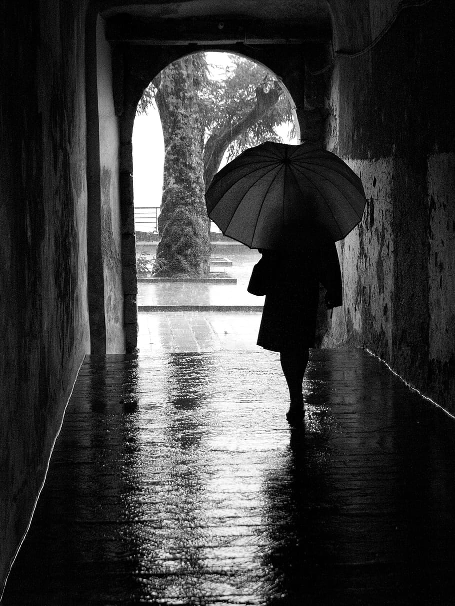 rain, umbrella, silhouette, door, woman, winter, wet, weather, people, refuge
